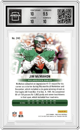 Jim McMahon from the 2023 Panini Prestige set featuring a Xtra Points Premium Gold parallel graded by Arena Club and given an overall grade of 10.