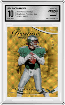 Jim McMahon from the 2023 Panini Prestige set featuring a Xtra Points Premium Gold parallel graded by Arena Club and given an overall grade of 10.