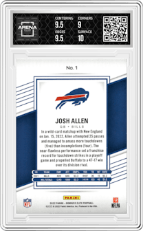 Josh Allen from the 2022 Panini Donruss Elite set featuring a Aspirations Stars parallel graded by Arena Club and given an overall grade of 9.5.