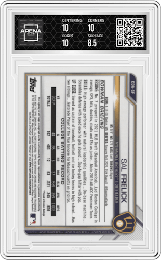 Sal Frelick from the 2021 Bowman Draft set graded by Arena Club and given an overall grade of 9.