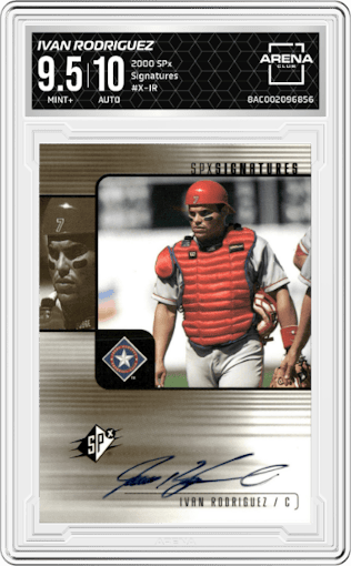 Ivan Rodriguez from the 2000 SPx set graded by Arena Club and given an overall grade of 9.5.