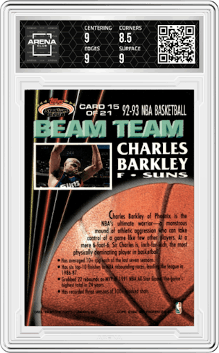 Charles Barkley from the 1992-93 Topps Stadium Club set graded by Arena Club and given an overall grade of 9.