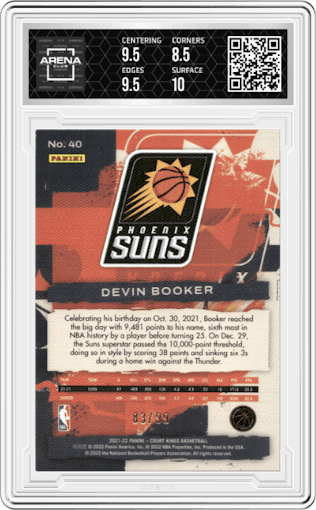 Devin Booker from the 2021-22 Panini Court Kings set featuring a Pink parallel graded by Arena Club and given an overall grade of 9.