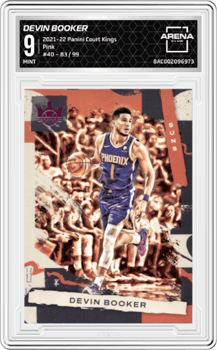 Devin Booker from the 2021-22 Panini Court Kings set featuring a Pink parallel graded by Arena Club and given an overall grade of 9.