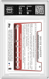 Bryce Harper from the 2012 Bowman Draft set featuring a Silver Ice parallel graded by Arena Club and given an overall grade of 9.5.