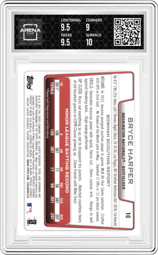 Bryce Harper from the 2012 Bowman Draft set featuring a Silver Ice parallel graded by Arena Club and given an overall grade of 9.5.