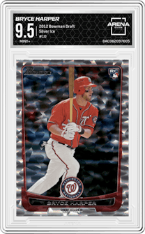 Bryce Harper from the 2012 Bowman Draft set featuring a Silver Ice parallel graded by Arena Club and given an overall grade of 9.5.