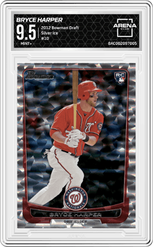 Bryce Harper from the 2012 Bowman Draft set featuring a Silver Ice parallel graded by Arena Club and given an overall grade of 9.5.