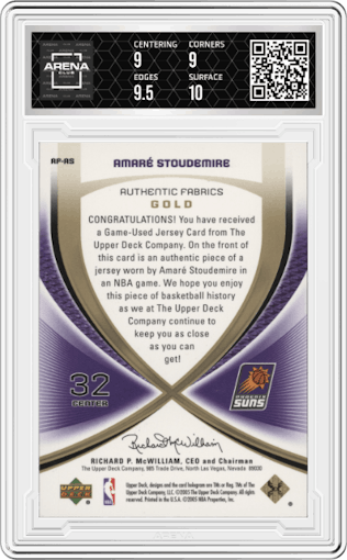 Amare Stoudemire from the 2005-06 Upper Deck SP Game Used set featuring a Gold parallel graded by Arena Club and given an overall grade of 9.5.