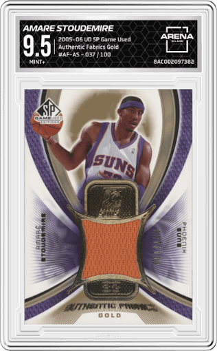 Amare Stoudemire from the 2005-06 Upper Deck SP Game Used set featuring a Gold parallel graded by Arena Club and given an overall grade of 9.5.