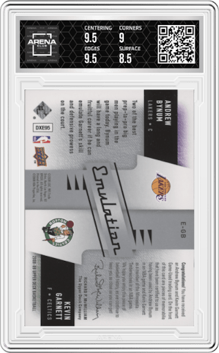Andrew Bynum/Kevin Garnett from the 2008-09 Upper Deck set graded by Arena Club and given an overall grade of 9.