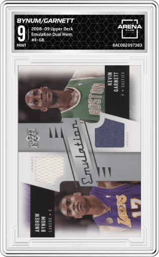 Andrew Bynum/Kevin Garnett from the 2008-09 Upper Deck set graded by Arena Club and given an overall grade of 9.