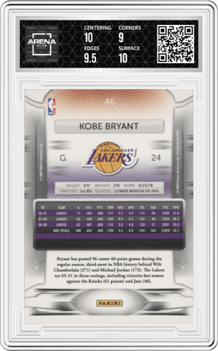 Kobe Bryant from the 2009-10 Panini Prestige set graded by Arena Club and given an overall grade of 9.5.