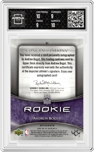 Andrew Bogut from the 2005-06 SP Authentic set graded by Arena Club and given an overall grade of 9.5.