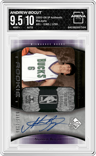 Andrew Bogut from the 2005-06 SP Authentic set graded by Arena Club and given an overall grade of 9.5.