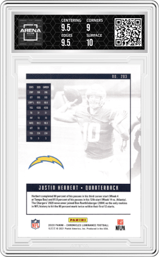 Justin Herbert from the 2020 Panini Chronicles set featuring a Teal parallel graded by Arena Club and given an overall grade of 9.5.