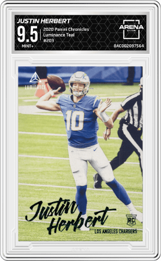 Justin Herbert from the 2020 Panini Chronicles set featuring a Teal parallel graded by Arena Club and given an overall grade of 9.5.