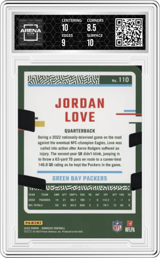 Jordan Love from the 2023 Panini Donruss set featuring a PP Die-Cut Gold parallel graded by Arena Club and given an overall grade of 9.