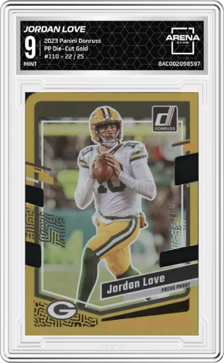 Jordan Love from the 2023 Panini Donruss set featuring a PP Die-Cut Gold parallel graded by Arena Club and given an overall grade of 9.