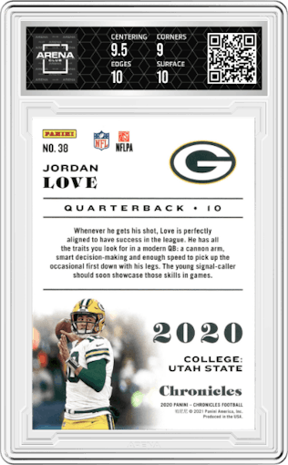 Jordan Love from the 2020 Panini Chronicles set graded by Arena Club and given an overall grade of 9.5.