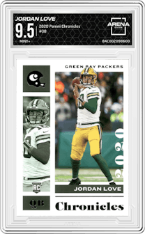 Jordan Love from the 2020 Panini Chronicles set graded by Arena Club and given an overall grade of 9.5.