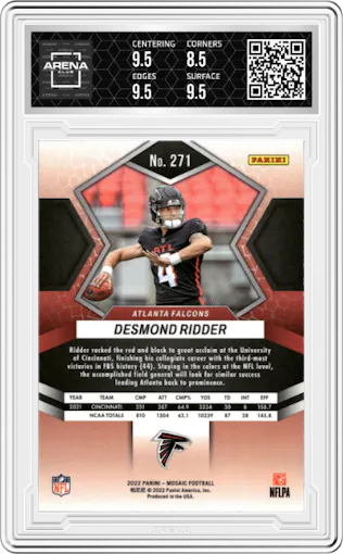 Desmond Ridder from the 2022 Panini Mosaic set graded by Arena Club and given an overall grade of 9.
