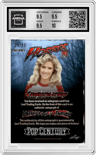 Kimberly Beck from the 2024 Leaf Metal Pop Century set featuring a Silver Prismatic parallel graded by Arena Club and given an overall grade of 10.