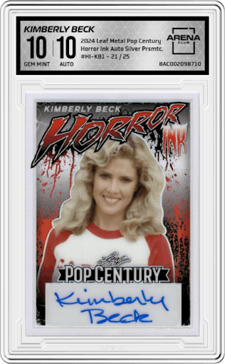 Kimberly Beck from the 2024 Leaf Metal Pop Century set featuring a Silver Prismatic parallel graded by Arena Club and given an overall grade of 10.