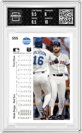 Wade Boggs from the 1990 Upper Deck set graded by Arena Club and given an overall grade of 8.5.
