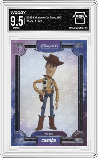 Woody from the 2023 Kakawow Cosmos Disney 100 set graded by Arena Club and given an overall grade of 9.5.