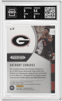 Anthony Edwards from the 2020-21 Panini Prizm Draft Picks set graded by Arena Club and given an overall grade of 9.