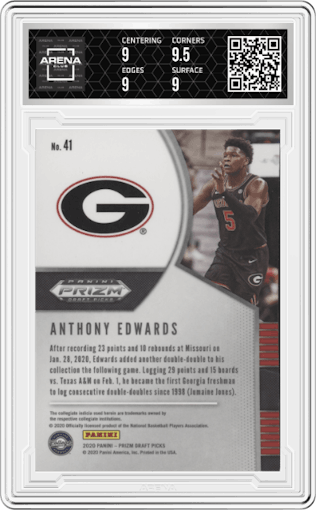 Anthony Edwards from the 2020-21 Panini Prizm Draft Picks set graded by Arena Club and given an overall grade of 9.
