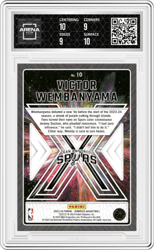 Victor Wembanyama from the 2023-24 Panini Donruss set graded by Arena Club and given an overall grade of 9.5.