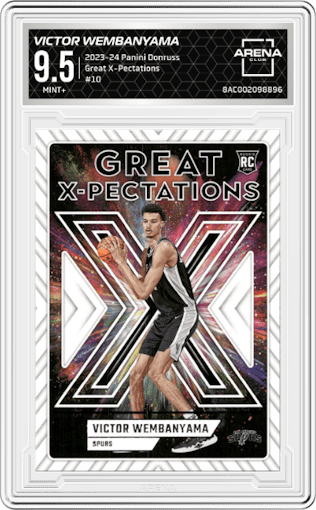 Victor Wembanyama from the 2023-24 Panini Donruss set graded by Arena Club and given an overall grade of 9.5.