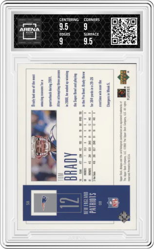Tom Brady from the 2002 Upper Deck Piece of History set graded by Arena Club and given an overall grade of 9.5.