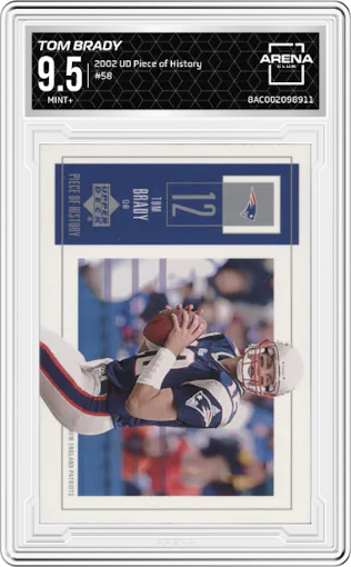 Tom Brady from the 2002 Upper Deck Piece of History set graded by Arena Club and given an overall grade of 9.5.