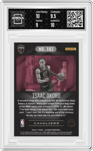 Isaac Okoro from the 2020-21 Panini Illusions  set featuring a Trophy Collection Bronze parallel graded by Arena Club and given an overall grade of 9.5.