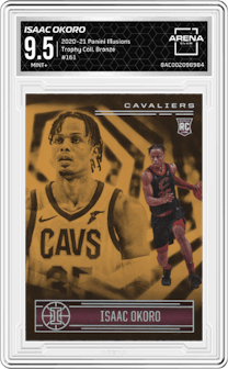Isaac Okoro from the 2020-21 Panini Illusions  set featuring a Trophy Collection Bronze parallel graded by Arena Club and given an overall grade of 9.5.