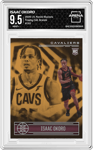 Isaac Okoro from the 2020-21 Panini Illusions  set featuring a Trophy Collection Bronze parallel graded by Arena Club and given an overall grade of 9.5.