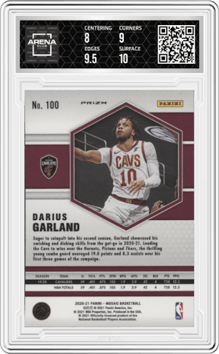 Darius Garland from the 2020-21 Panini Mosaic set featuring a Fast Break parallel graded by Arena Club and given an overall grade of 8.5.