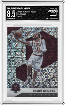 Darius Garland from the 2020-21 Panini Mosaic set featuring a Fast Break parallel graded by Arena Club and given an overall grade of 8.5.