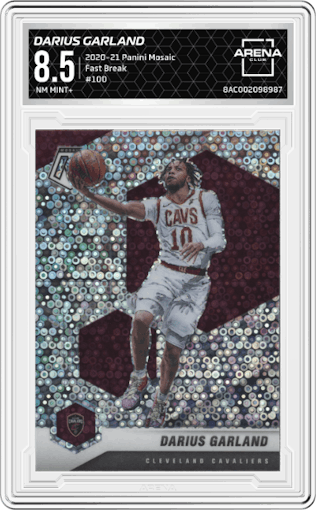 Darius Garland from the 2020-21 Panini Mosaic set featuring a Fast Break parallel graded by Arena Club and given an overall grade of 8.5.
