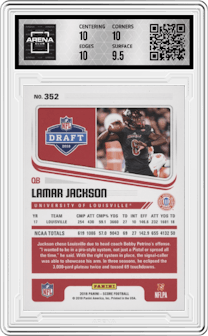 Lamar Jackson from the 2018 Panini Score set graded by Arena Club and given an overall grade of 10.