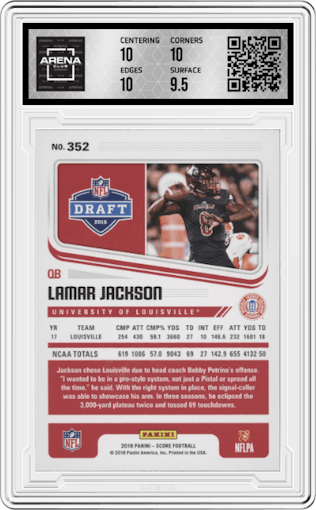 Lamar Jackson from the 2018 Panini Score set graded by Arena Club and given an overall grade of 10.