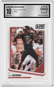 Lamar Jackson from the 2018 Panini Score set graded by Arena Club and given an overall grade of 10.