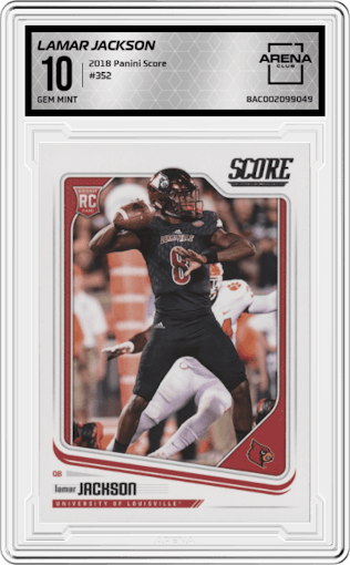 Lamar Jackson from the 2018 Panini Score set graded by Arena Club and given an overall grade of 10.