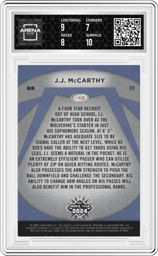  J.J. McCarthy from the 2024 SAGE Hit set graded by Arena Club and given an overall grade of 7.5.