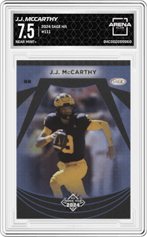  J.J. McCarthy from the 2024 SAGE Hit set graded by Arena Club and given an overall grade of 7.5.