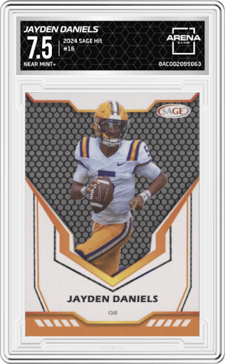 Jayden Daniels from the 2024 SAGE Hit set graded by Arena Club and given an overall grade of 7.5.