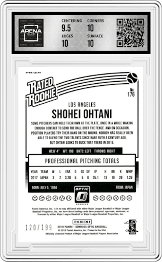 Shohei Ohtani from the 2018 Panini Donruss Optic set featuring a Orange parallel graded by Arena Club and given an overall grade of 10.